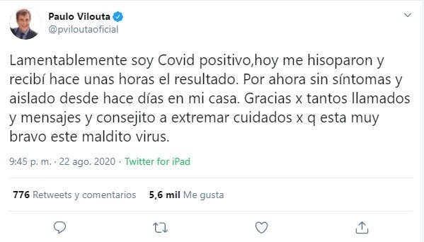 La confirmación de Paulo Vilouta sobre su contagio de covid-19