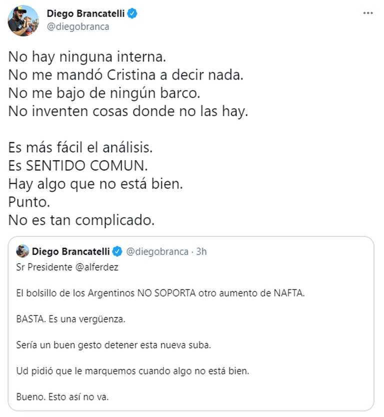 La respuesta de Brancatelli a los usuarios que los criticaron por sus dichos contra el Presidente