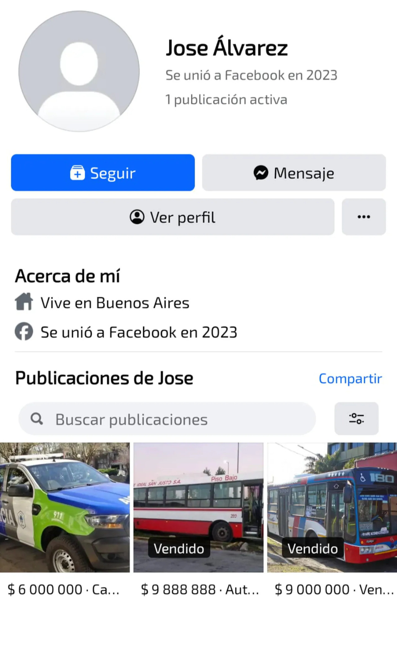 El perfil del vendedor del patrullero de la Policía Bonaerense. Foto: Captura de pantalla.