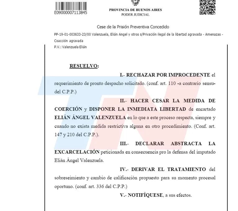 La resolución del juez que ordenó la libertad de L-Gante en el 2023 (Foto: fuente judicial)