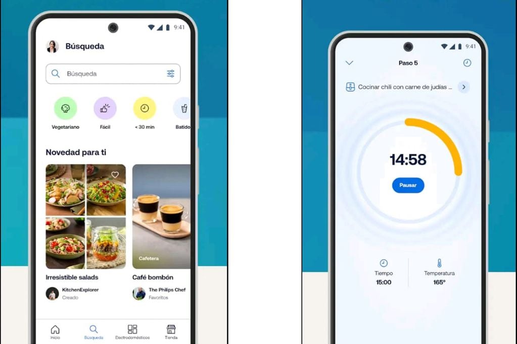 La app incluye recetas y modos de control.